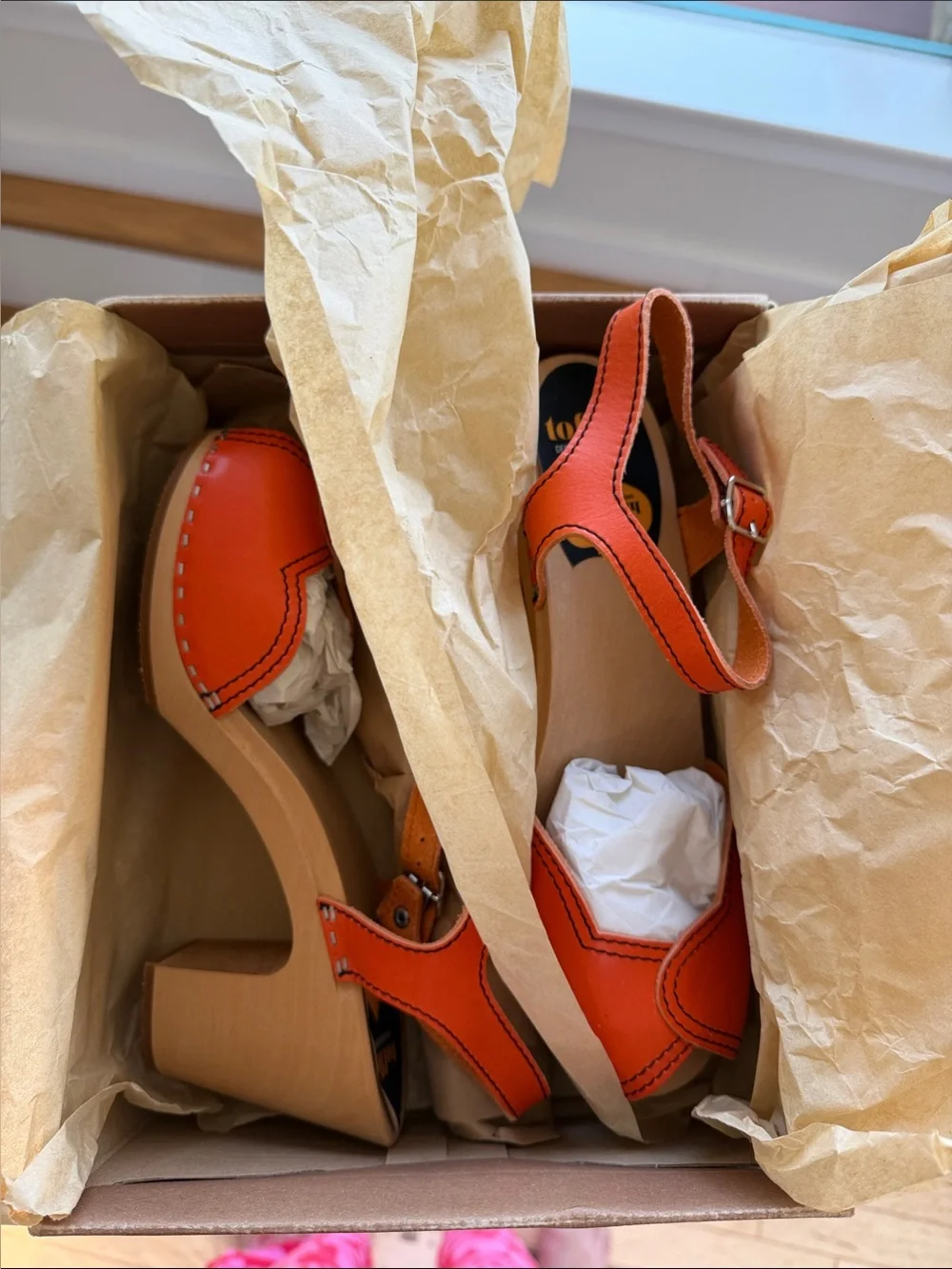 Swedish Hasbeens Orange Heart-Toe Block Heels with Ankle Buckle